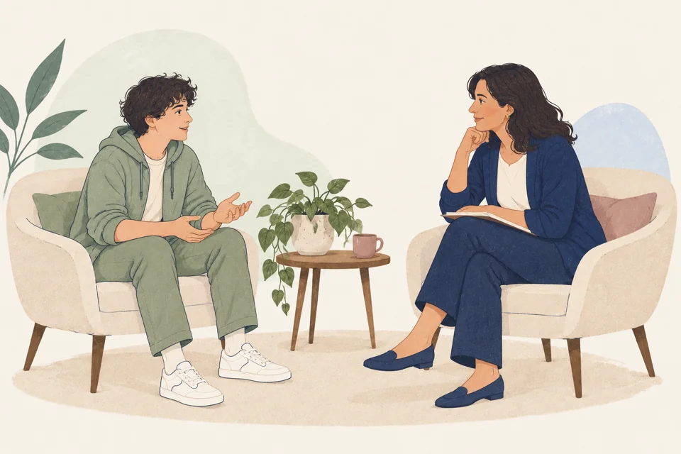 Ilustracja: spokojna rozmowa młodej osoby z psycholożką.