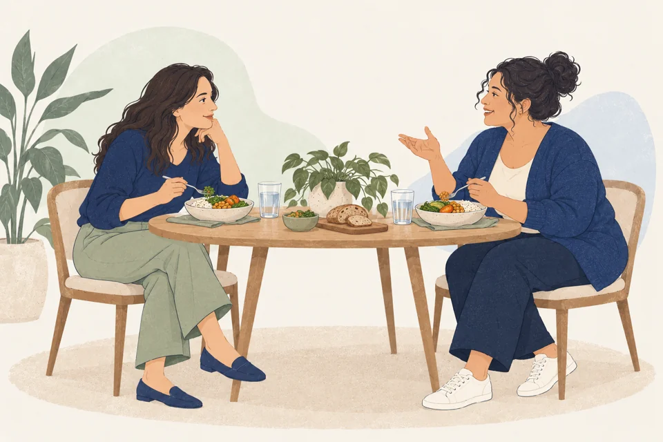 Ilustracja: spokojna rozmowa przy codziennym posiłku.